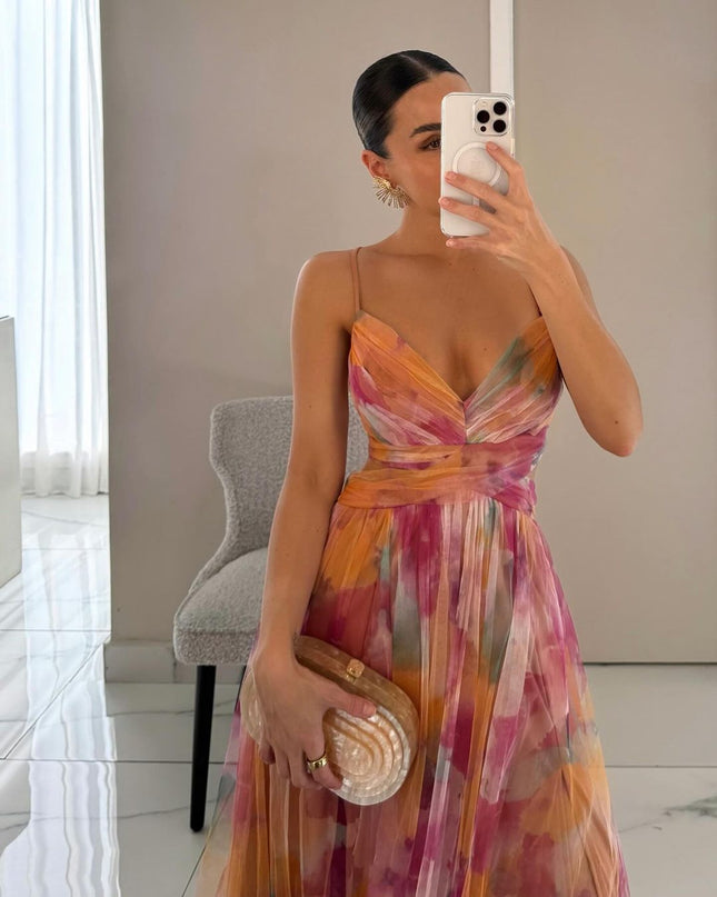 Women’s Watercolor Pleated Summer Maxi Wedding Guest Dress