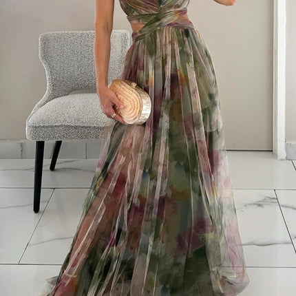 Women’s Watercolor Pleated Summer Maxi Wedding Guest Dress
