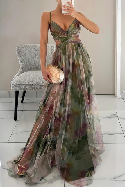 Women’s Watercolor Pleated Summer Maxi Wedding Guest Dress