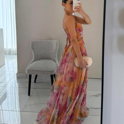 Women’s Watercolor Pleated Summer Maxi Wedding Guest Dress