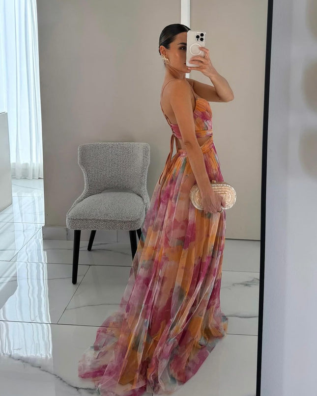 Women’s Watercolor Pleated Summer Maxi Wedding Guest Dress