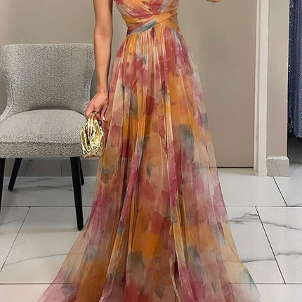Women’s Watercolor Pleated Summer Maxi Wedding Guest Dress