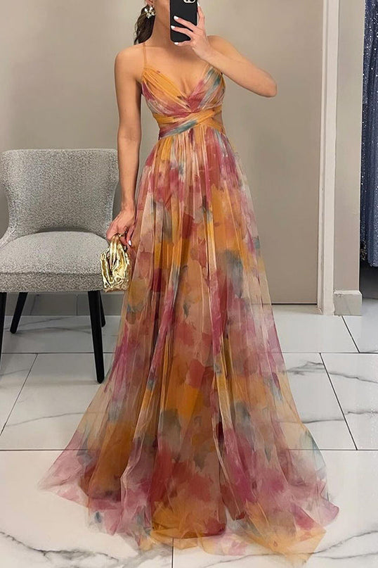 Women’s Watercolor Pleated Summer Maxi Wedding Guest Dress