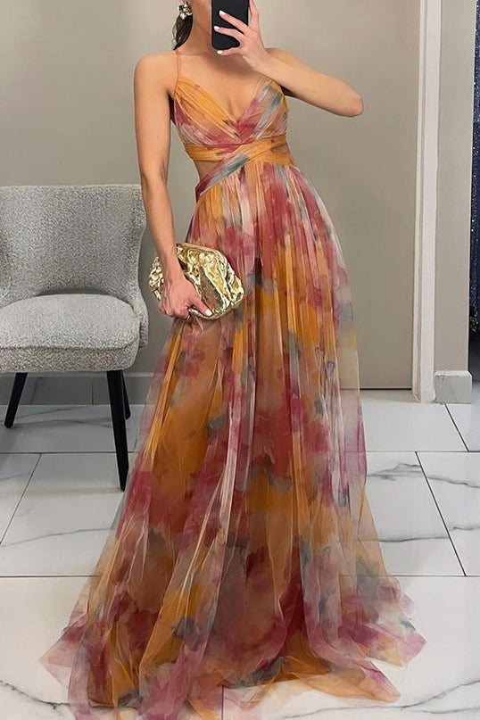 Women’s Watercolor Pleated Summer Maxi Wedding Guest Dress