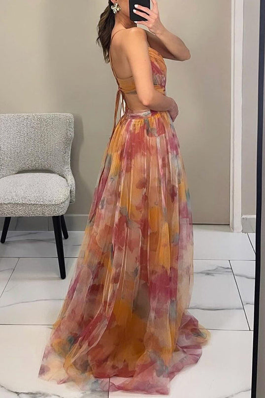 Women’s Watercolor Pleated Summer Maxi Wedding Guest Dress