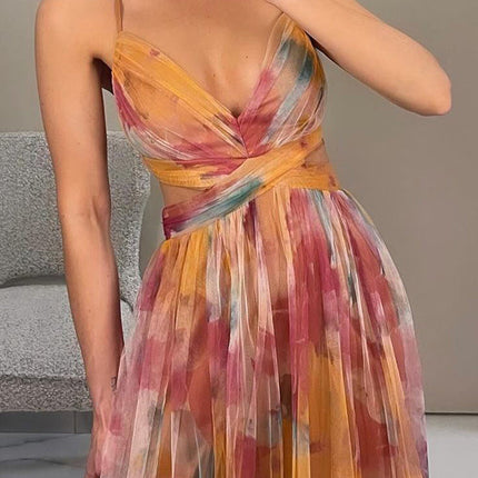 Women’s Watercolor Pleated Summer Maxi Wedding Guest Dress