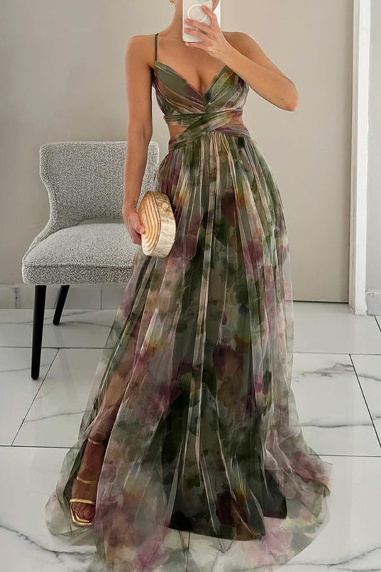 Women’s Watercolor Pleated Summer Maxi Wedding Guest Dress