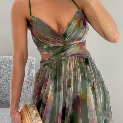 Women’s Watercolor Pleated Summer Maxi Wedding Guest Dress