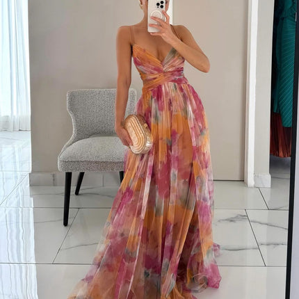 Women’s Watercolor Pleated Summer Maxi Wedding Guest Dress