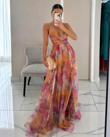 Women’s Watercolor Pleated Summer Maxi Wedding Guest Dress