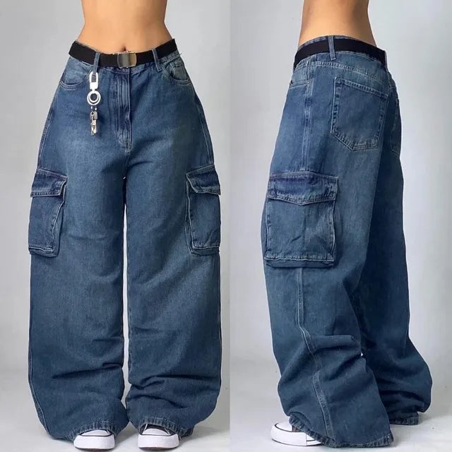 Women's Baggy Cargo Jeans – Wide Leg Utility Pocket Denim
