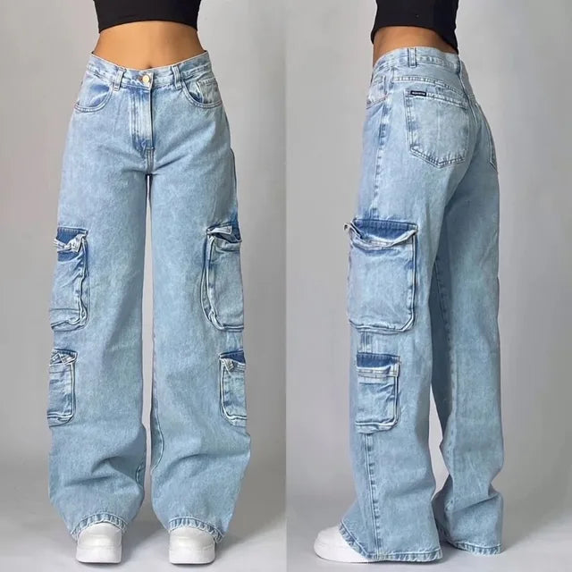 Women's Baggy Cargo Jeans – Wide Leg Utility Pocket Denim