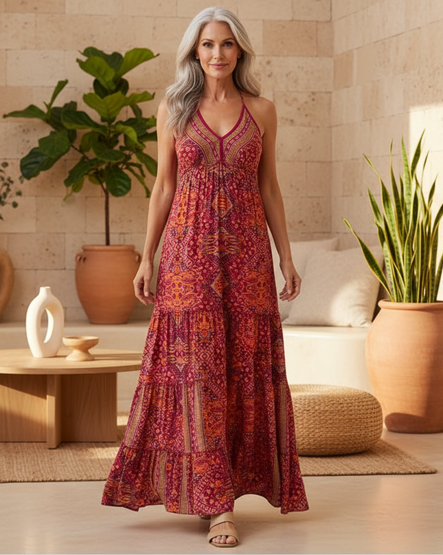 Women's Boho Chic Halter Maxi Dress