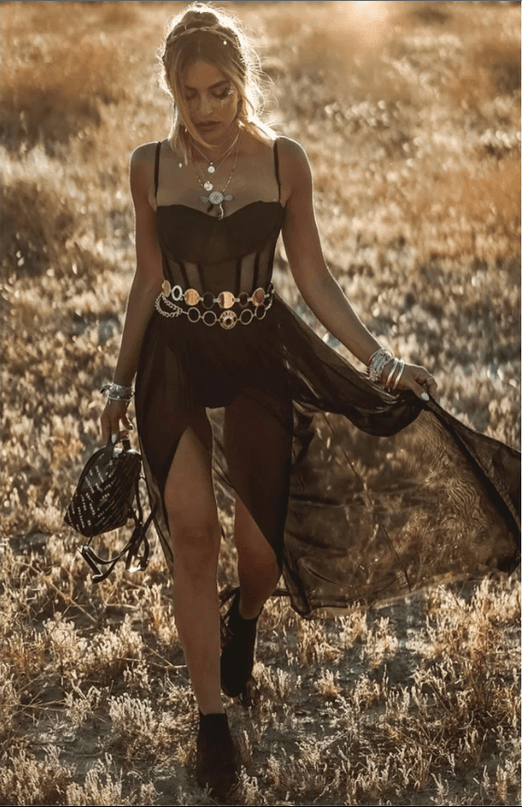 Women's Boho Maxi Dress – Corset Bodice with High Split