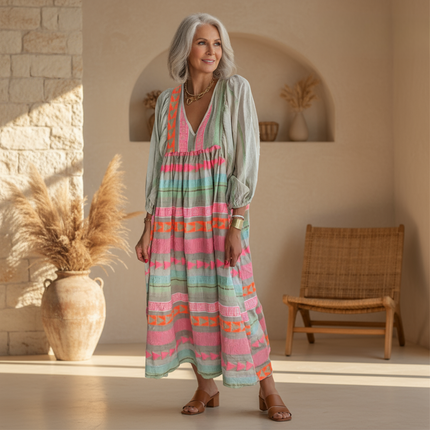 Women's Boho Patchwork Midi Dress