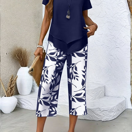 Women's Botanical Print Pants Set Layered Tunic Top