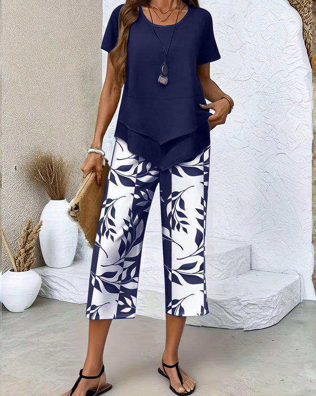 Women's Botanical Print Pants Set Layered Tunic Top
