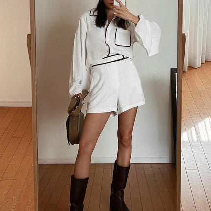 Women's Button Front Shorts Set Contrast Trim Shirt