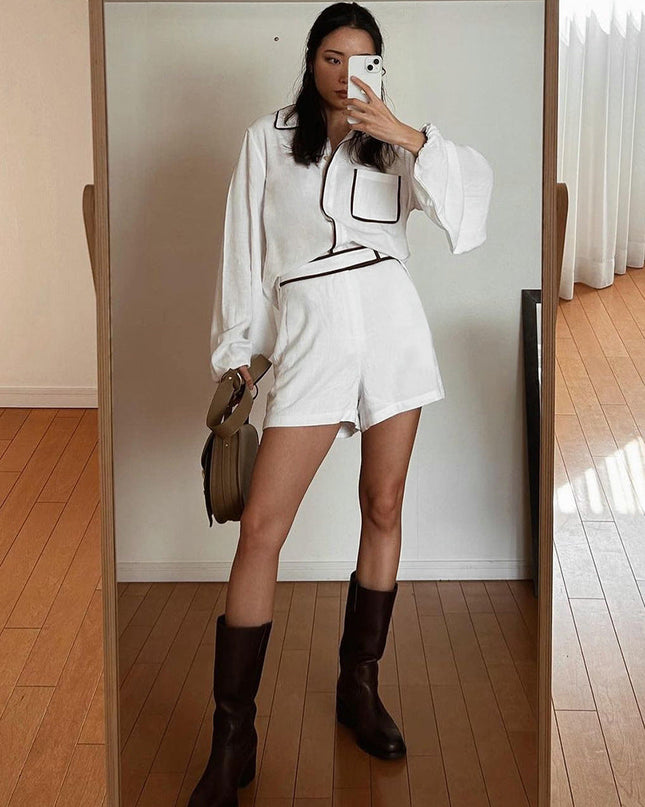 Women's Button Front Shorts Set Contrast Trim Shirt