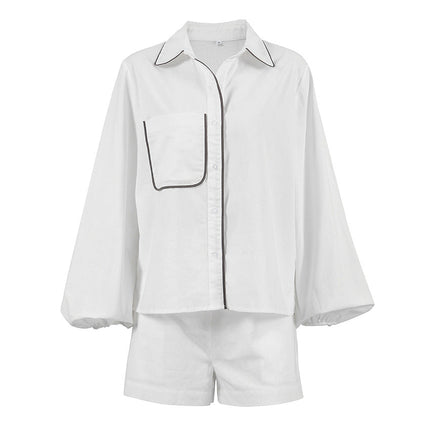 Women's Button Front Shorts Set Contrast Trim Shirt