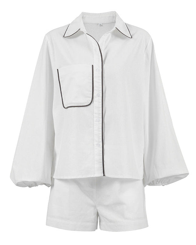 Women's Button Front Shorts Set Contrast Trim Shirt