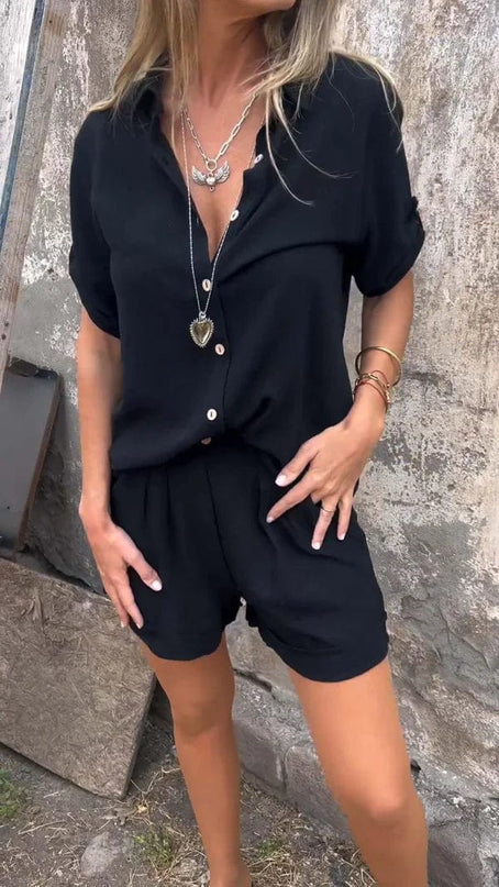 Women's Button Front Summer Shorts Set Rolled Sleeve Shirt