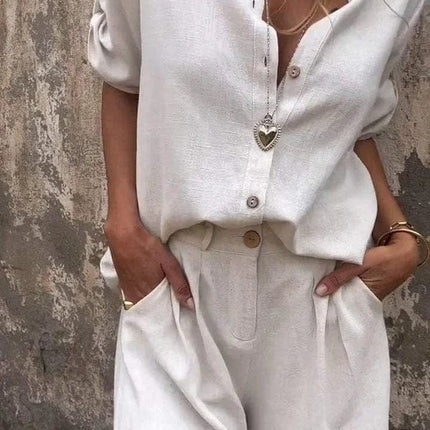 Women's Button Front Summer Shorts Set Rolled Sleeve Shirt