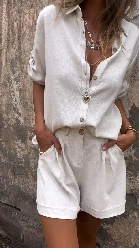 Women's Button Front Summer Shorts Set Rolled Sleeve Shirt
