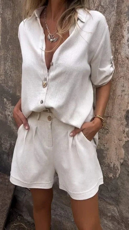 Women's Button Front Summer Shorts Set Rolled Sleeve Shirt