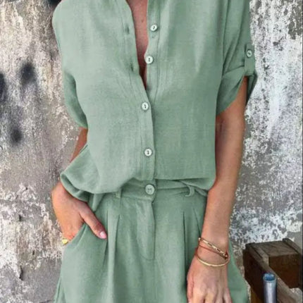Women's Button Front Summer Shorts Set Rolled Sleeve Shirt