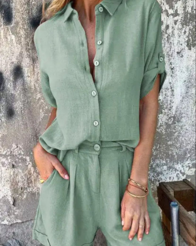 Women's Button Front Summer Shorts Set Rolled Sleeve Shirt
