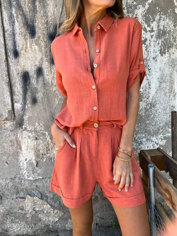 Women's Button Front Summer Shorts Set Rolled Sleeve Shirt