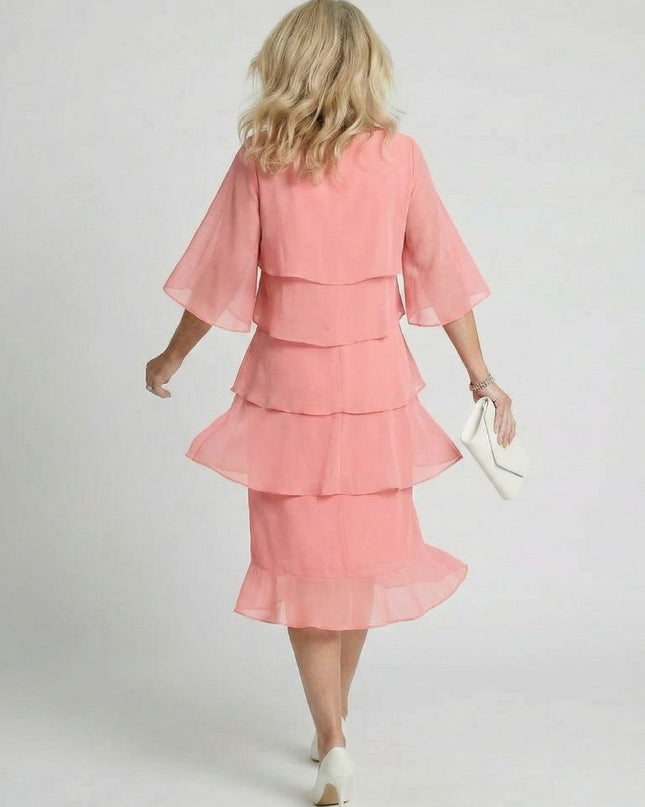 Women's Chiffon Cocktail Wedding Guest Dress with Tiered Overlay
