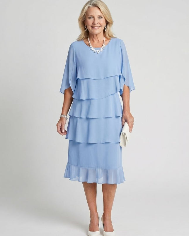 Women's Chiffon Cocktail Wedding Guest Dress with Tiered Overlay