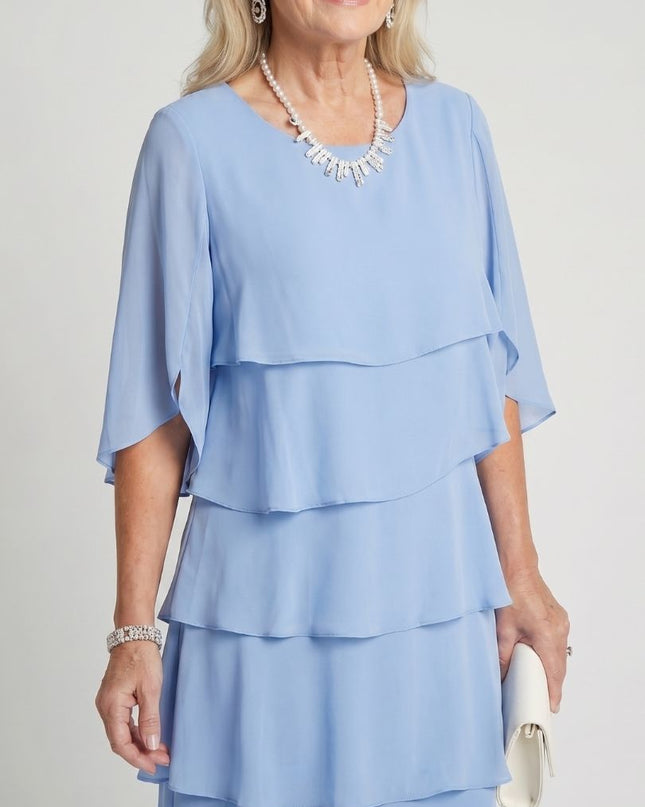 Women's Chiffon Cocktail Wedding Guest Dress with Tiered Overlay
