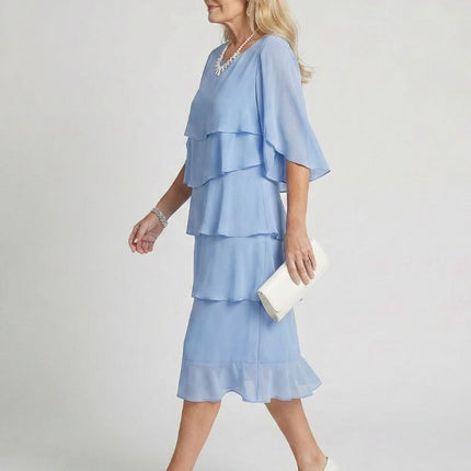 Women's Chiffon Cocktail Wedding Guest Dress with Tiered Overlay