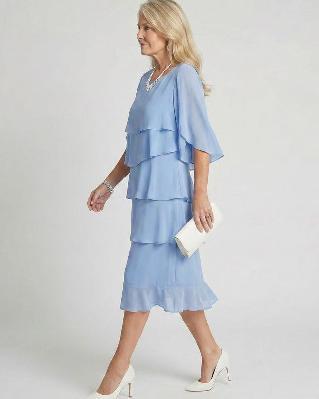 Women's Chiffon Cocktail Wedding Guest Dress with Tiered Overlay