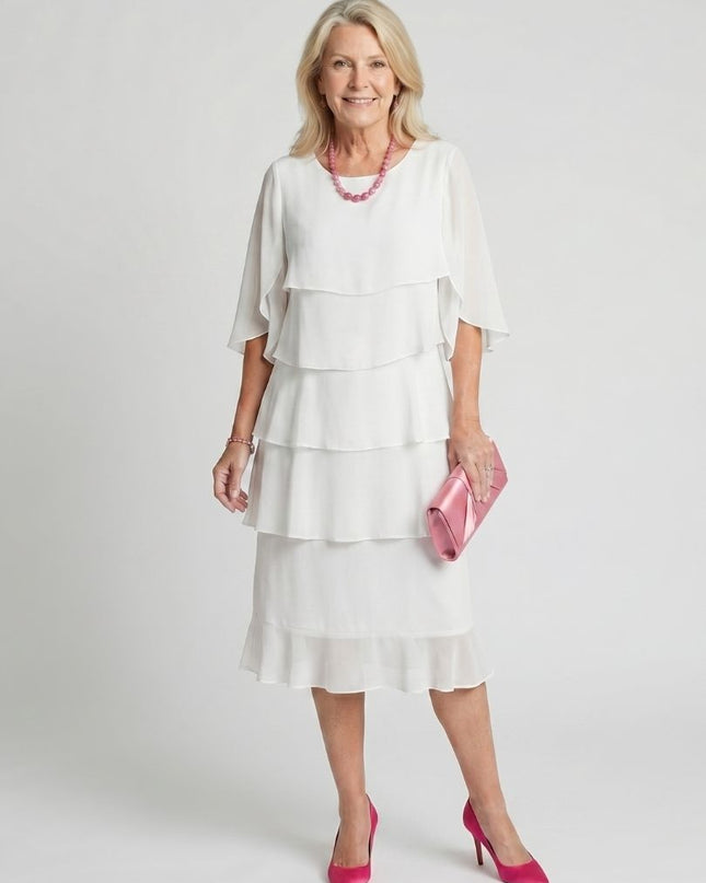 Women's Chiffon Cocktail Wedding Guest Dress with Tiered Overlay