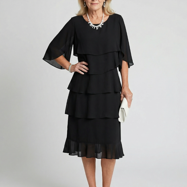 Women's Chiffon Cocktail Wedding Guest Dress with Tiered Overlay