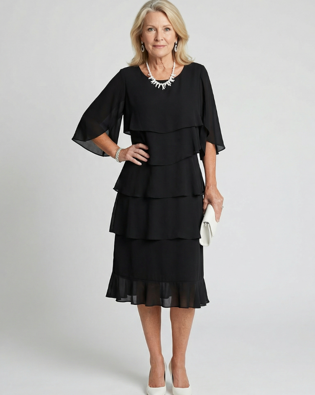 Women's Chiffon Cocktail Wedding Guest Dress with Tiered Overlay