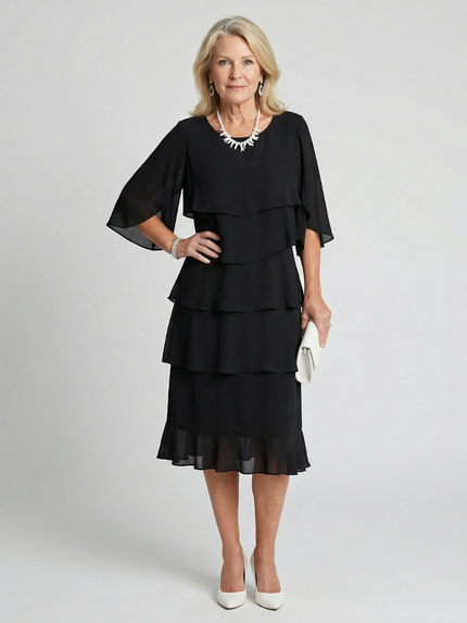 Women's Chiffon Cocktail Wedding Guest Dress with Tiered Overlay