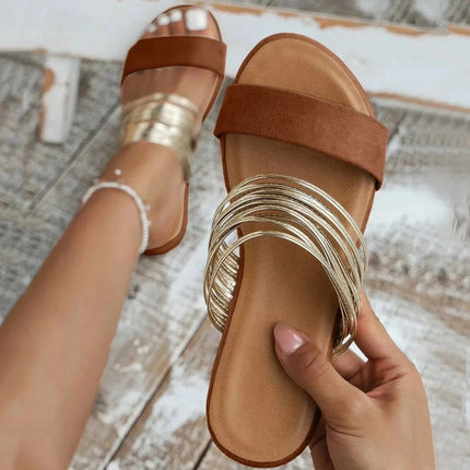 Women's Double Strap Slide Summer Sandals Metallic Accent
