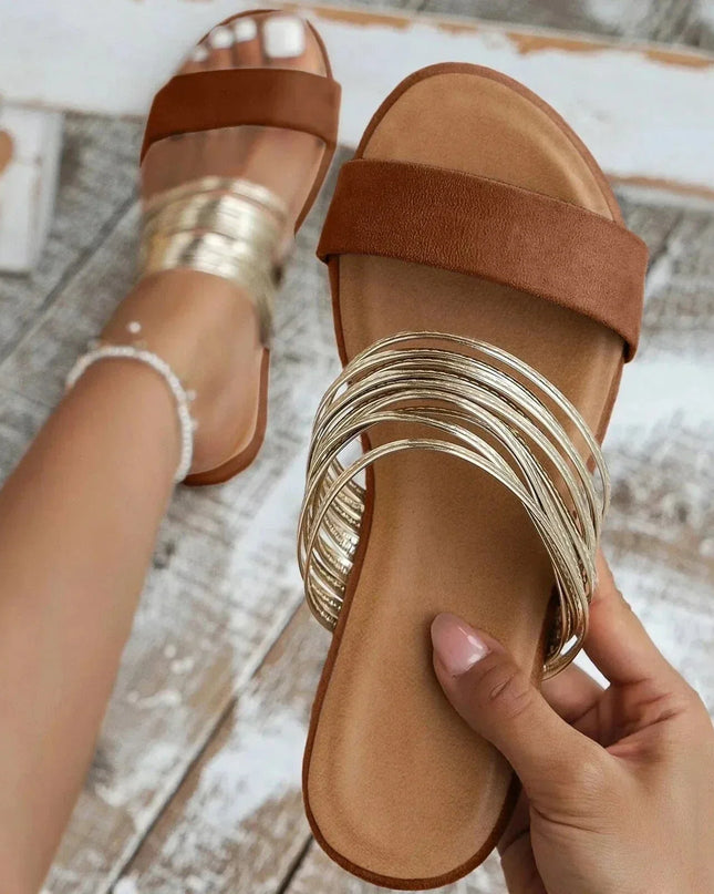 Women's Double Strap Slide Summer Sandals Metallic Accent