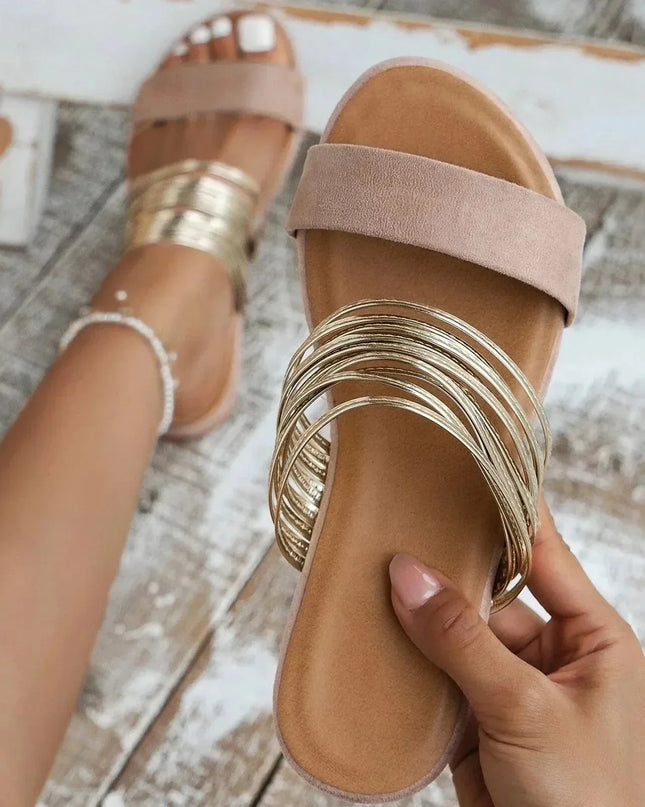 Women's Double Strap Slide Summer Sandals Metallic Accent