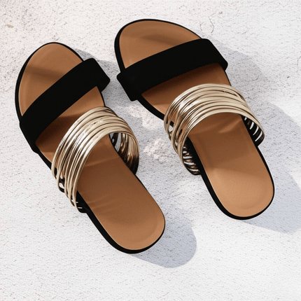Women's Double Strap Slide Summer Sandals Metallic Accent