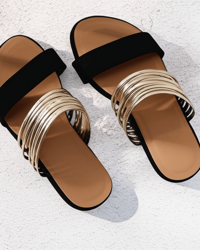 Women's Double Strap Slide Summer Sandals Metallic Accent