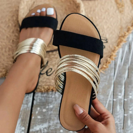 Women's Double Strap Slide Summer Sandals Metallic Accent