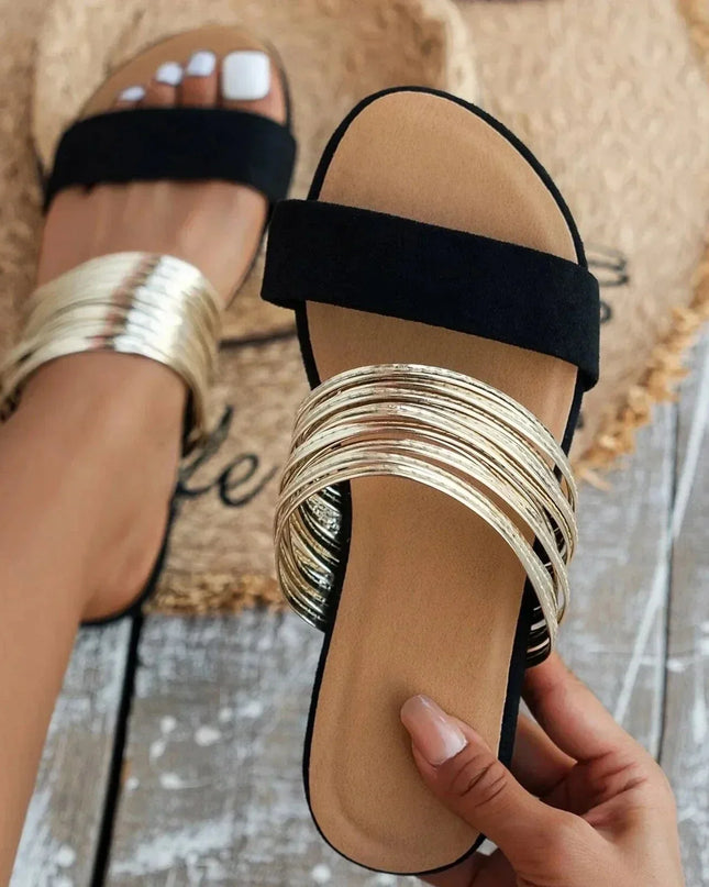 Women's Double Strap Slide Summer Sandals Metallic Accent