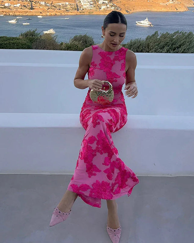 Women's Floral Maxi Wedding Guest Dress with Sleeveless Silhouette