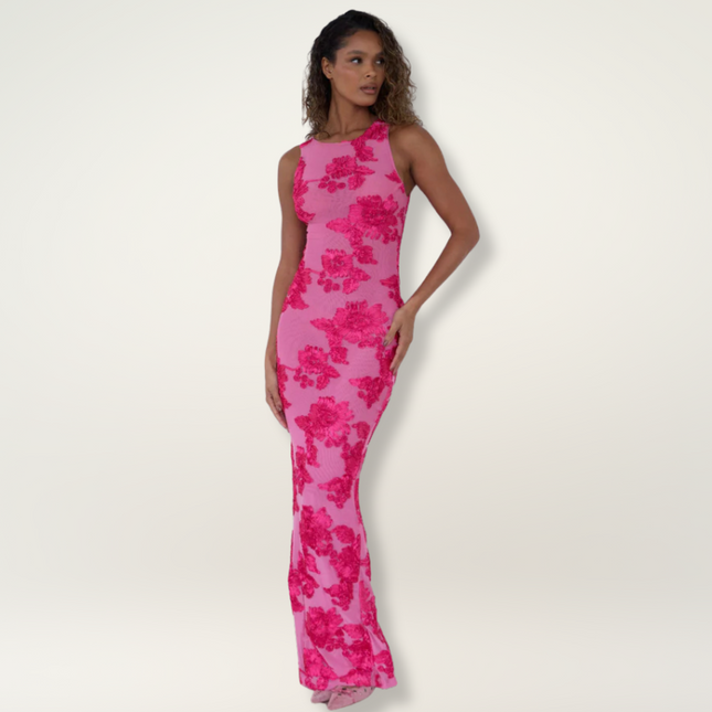 Women's Floral Maxi Wedding Guest Dress with Sleeveless Silhouette